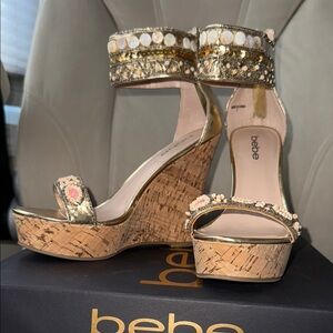 Bebe Gold and Tan Espadrille Wedges